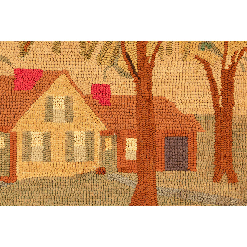 Antique Hooked Rug, Beige And Cream With Homestead Pictorial - Rug & Kilim