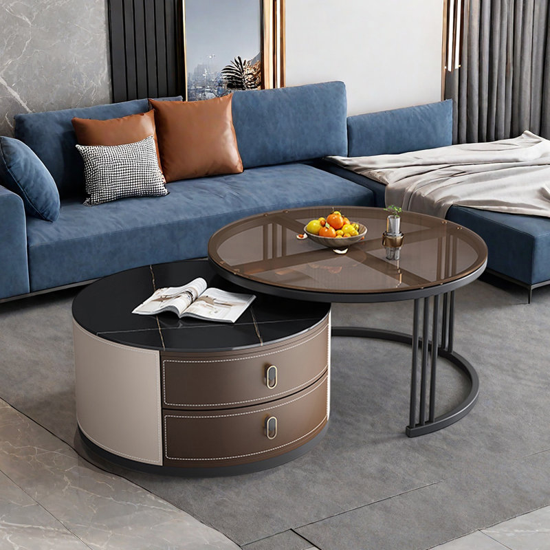 Ensemble de tables basses Modern, H 17,7 po x L 31,5 po x l 31,5 po, Noir / transparent / brun clair
