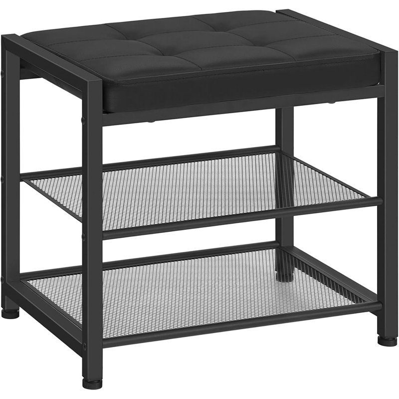 Petit banc à chaussures, étagère à chaussures à 3 niveaux, banc de rangement pour chaussures avec coussin de siège en polyuréthane, banc de rangement pour chaussures d'entrée avec tablettes en maille métallique, range-chaussures autoportant pour le couloir, noir