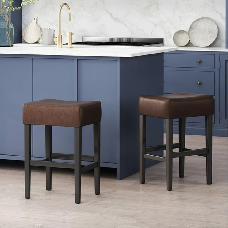 Set Of 2, 26.75" Backless Faux Leather Counter Height Barstool, Dark Brown