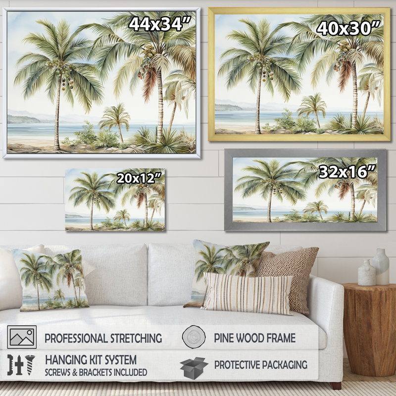 Palmiers sur la plage V - palmiers et palmiers, art mural, Cadre flottant blanc, H 12 po x l 20 po x P 1 po