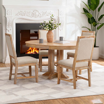 5-Piece Dining Set Extendable Round Table and 4 Upholstered Chairs Farmhouse Dining Set for Kitchen, Dining Room(Natural Wood Wash) by Red Barrel Studio