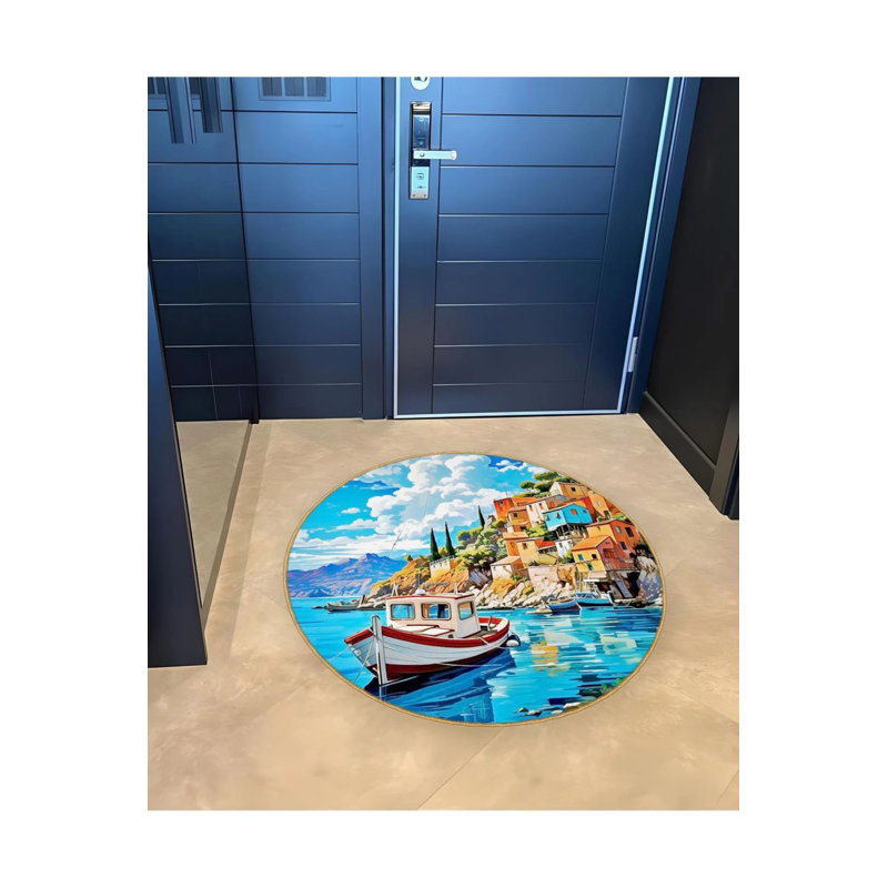 Boat And Seaside Town Themed Patterned Woven Base Decorative Carpet, Round 4'