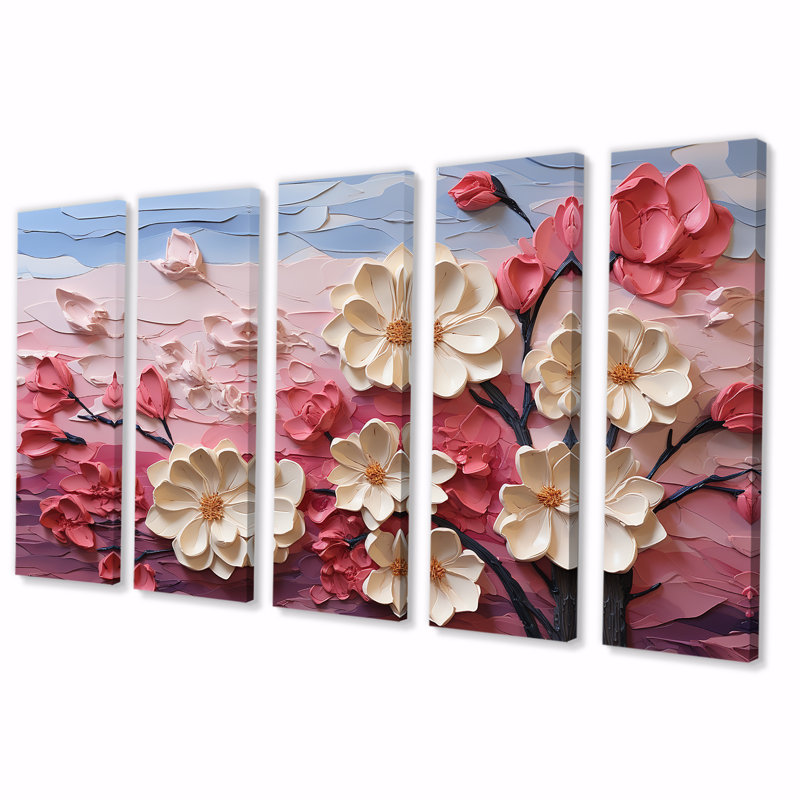 "Arbre rose et blanc, branches d'orchidées III 5 pièces", 5 pièces, H 28 po x l 60 po