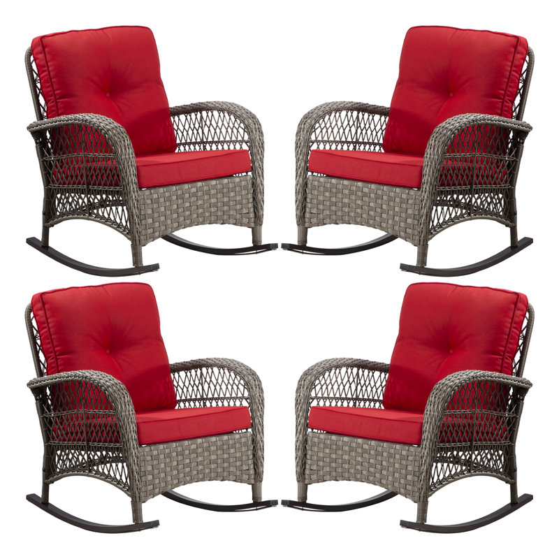 4-Piece Wicker Rocking Chairs Set - Wide Armrests, Thick Cushions, Patio Furniture for Porch, Backyard & Garden, Red