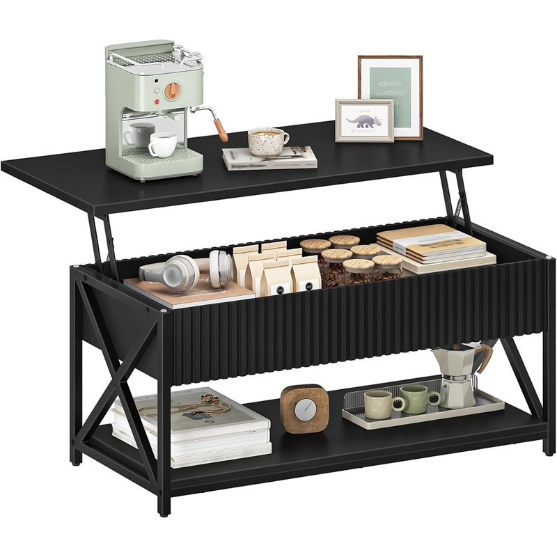 Table basse à plateau relevable avec compartiment caché et tablette de rangement, plateau de table relevable pour le salon ou le bureau (noir)