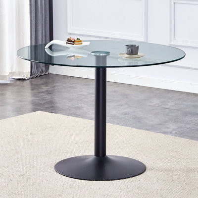 Table de salle à manger ronde 42 "en verre trempé transparent - support et base en métal. Convient pour les restaurants, les salons et les salles de conférence. Verre renforcé, pulvérisation de tuyaux en fer.