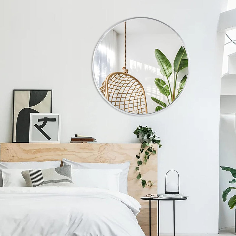 Miroir mural rond avec cadre en métal, 32 po x 32 po, Argent