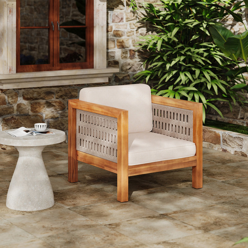 Acacia Wood Outdoor Club Chair With Beige Rope Arms And Cushions, 400 Lbs Capacity For Patio Comfort
