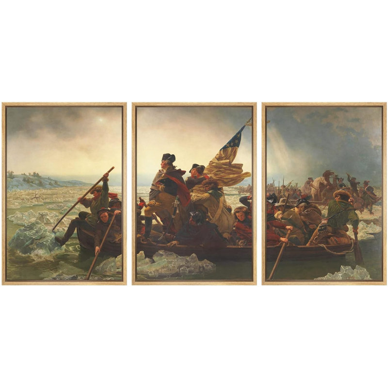 Washington Crossing The Delaware 3 pièces par Emanuel Leutze, H 36 po x l 24 po x P 1,5 po, Plastique naturel encadré