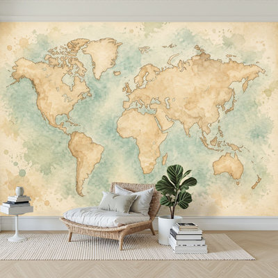 Wall Mural Peel and Stick Wallpaper Vintage World Map Soft Watercolor Effect Neutral Tones Self-Adhesive Removable Contact Paper Wall Decor for Living Room Bedroom 100"H x 144"W