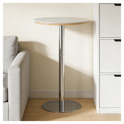 Table de pub ronde en pierre frittée, table basse à hauteur de bar de 39,4 pouces avec base argentée, plateau blanc