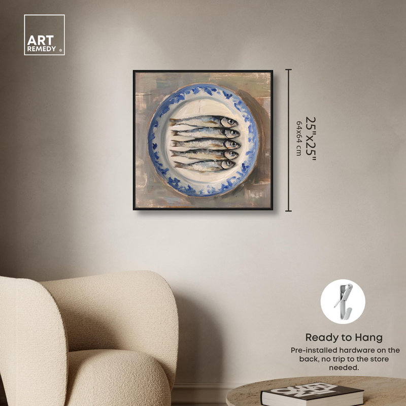 «Sardines Still Life» par Art Remedy, H 25 po x l 25 po, Cadre flottant, Noir