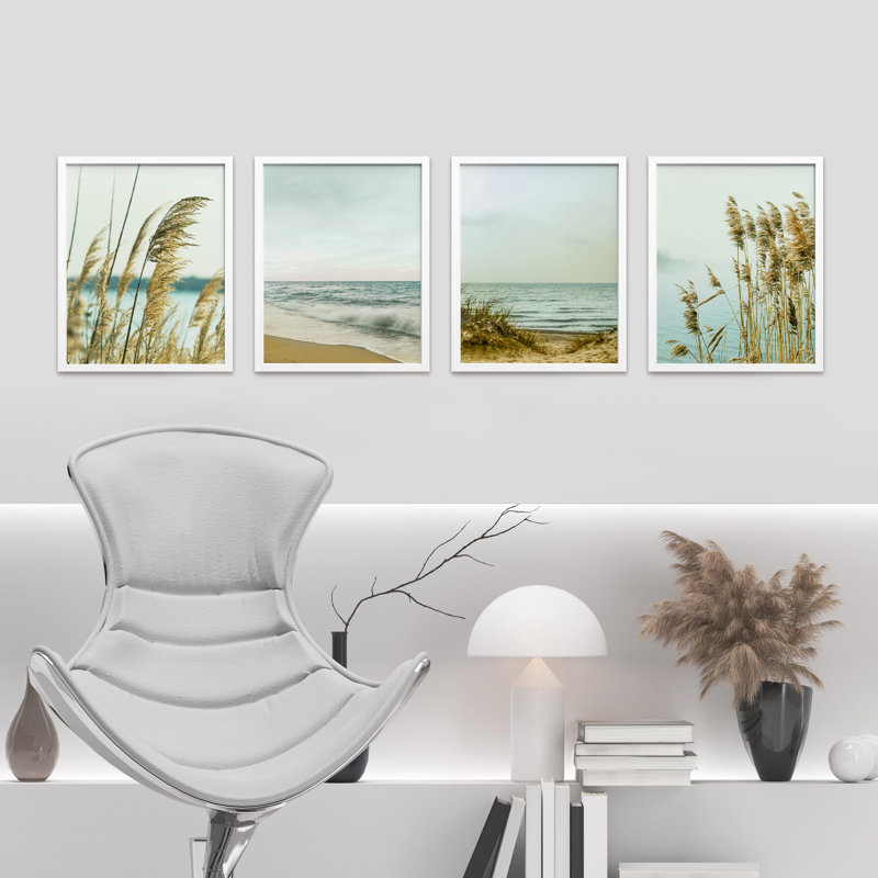 «White Winter California Beach Grass Ocean Horizons», impression sur papier 4 pièces, Blanc, H 16 po x l 12 po