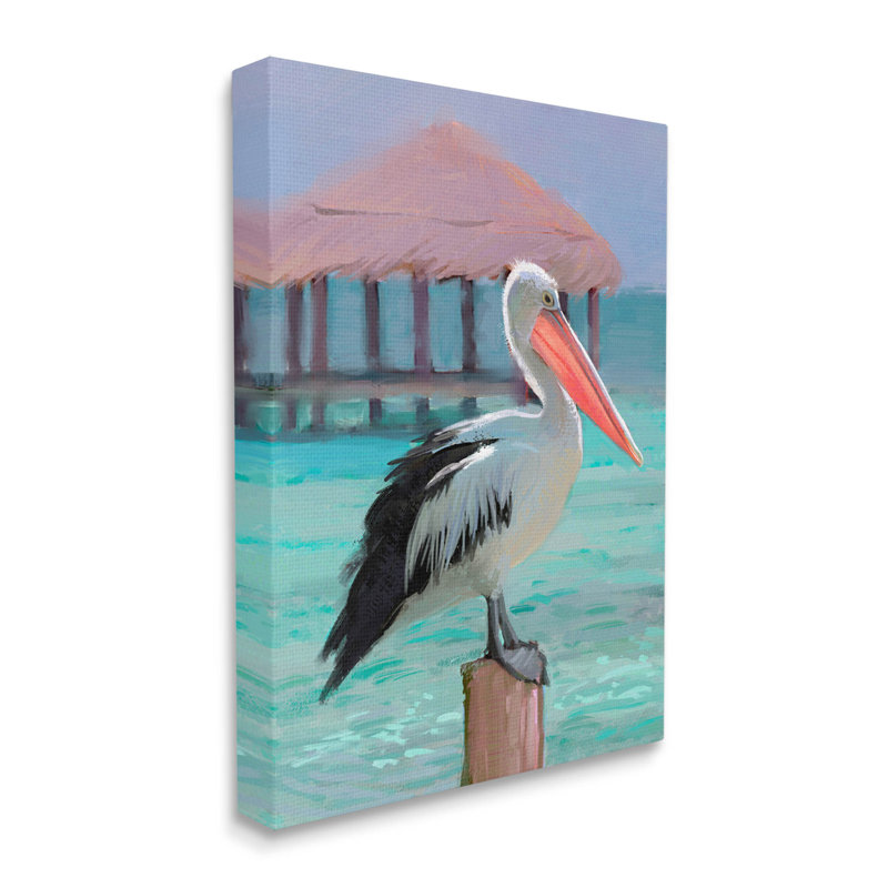Pélican perché tropical par Ziwei Li - peinture sur toile tendue, H 30 po x l 24 po x P 1,5 po