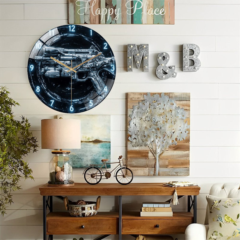 Horloge murale à chiffres avec fusil futuriste - horloge murale moderne en verre 12 po