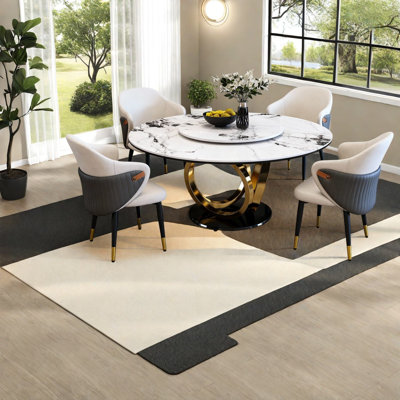 Ensemble de table et de chaises de salle à manger pivotantes à 360° (table et chaises incluses), en pierre frittée, de couleur or et noir moderne, idéal pour la cuisine et la salle à manger.