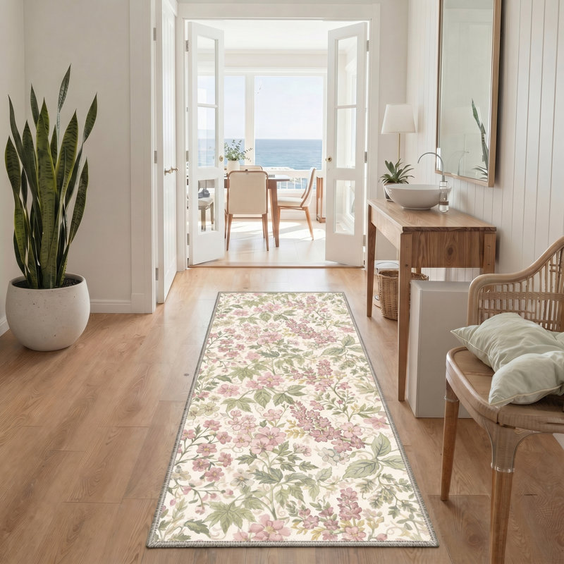  Aura Floral Machine Washable Pink/Beige/Green Indoor Area Rug With Non-Slip Backing, Runner 2' x 6', Ash Rose/Green