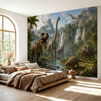 Papier peint adhésif autocollant mural Dinosaur Valley Landscape T Rex Herbivores géant Tropical Mountain
