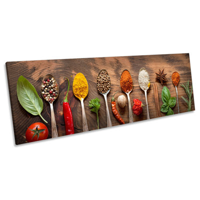 Various Herbs Spices Spoons Panoramic - Wrapped Canvas Panoramic Print