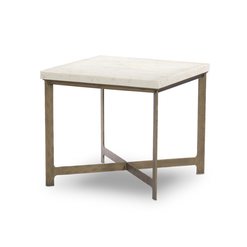 HAMMERED IRON Marble End Table, White Marble Top/Antique Brass Base