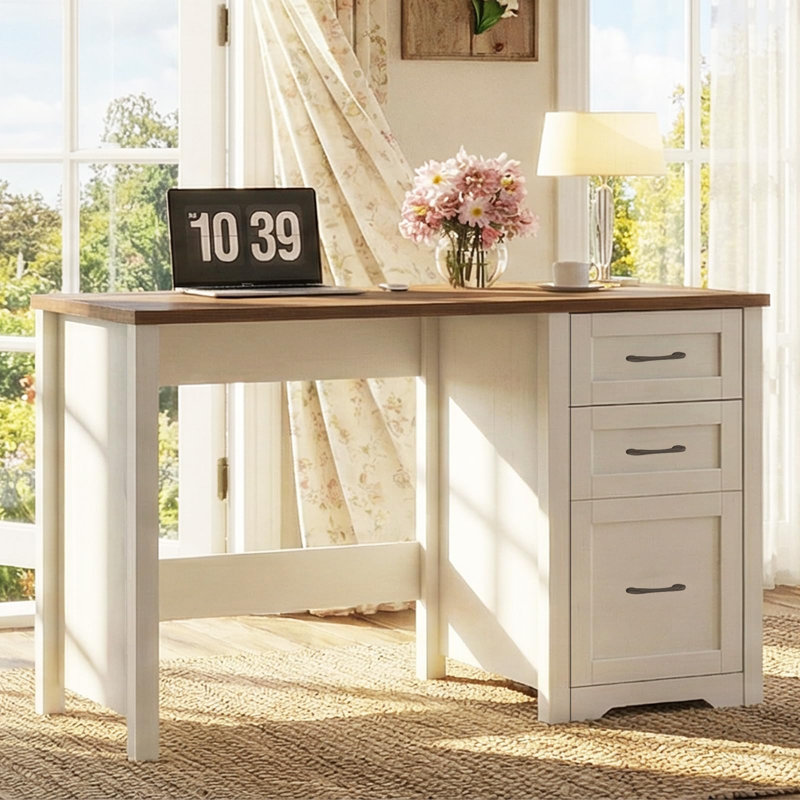 Farmhouse 47” Executive Desk With File Drawer, Mutual Installation Rustic Computer Desk, Brown/White