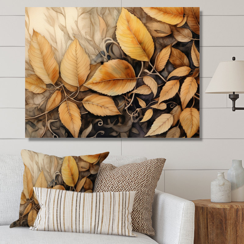 " Brown Beige Leafs Harmony II ", 16" H x 32" W x 1" D, Wrapped Canvas