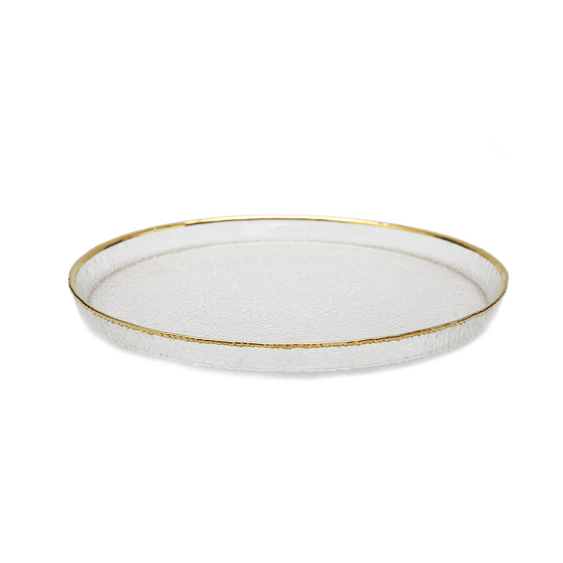 S/4 Pebbled Glass Charger Plates Raised Rim With Gold Border.