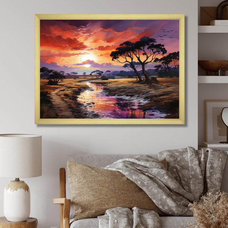 Coucher de soleil africain sur un Serengeti sur toile, H 16 po x l 32 po x P 1 po, Cadre doré à une seule photo