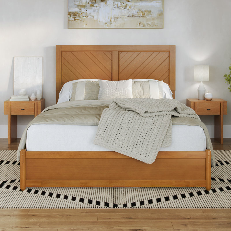 Lit plateforme en bois massif avec pied de lit et gigogne Lamarkus, Grand, Caramel clair