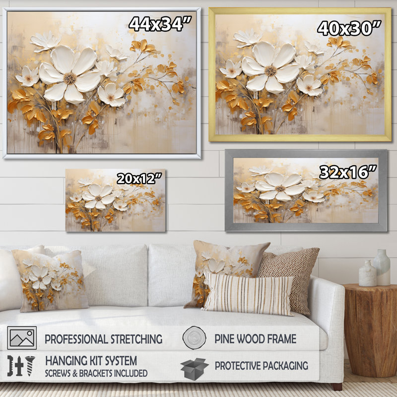 Fleurs saisonnières beiges et dorées en fleurs - Fleurs murales saisonnières, Toile tendue, H 30 po x l 40 po x P 1,5 po