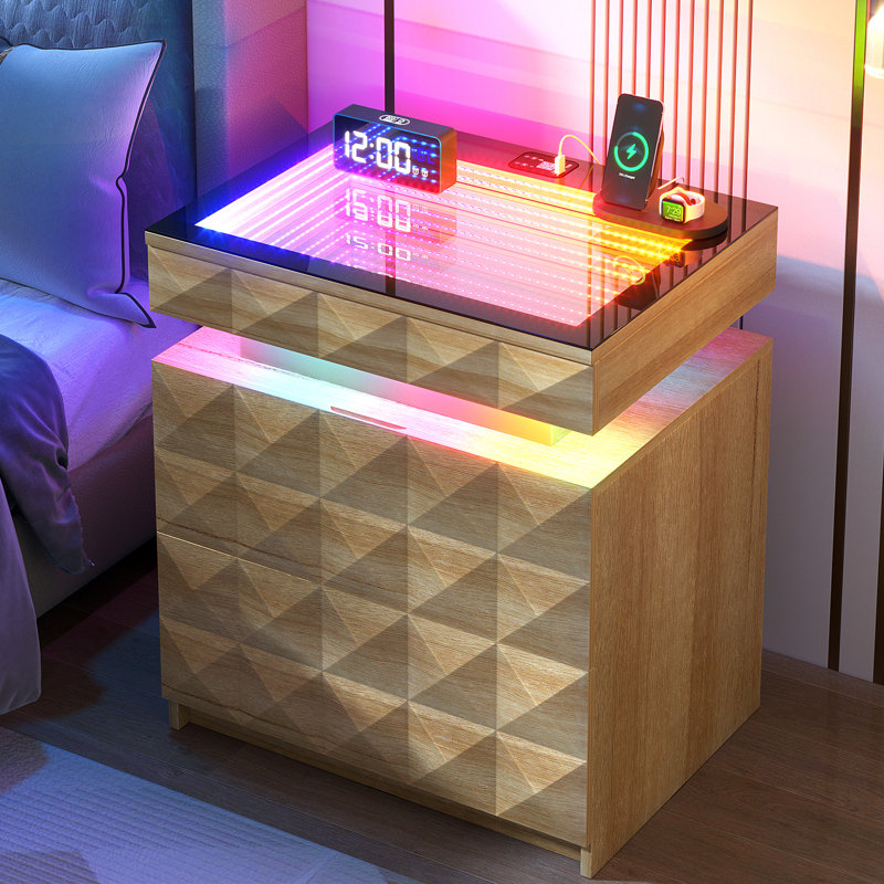 50cm W Bedside Table with 3D Mirror Abyss and Sensor RGB Lighting, 2-Drawer Bedside Table with Hidden Storage And Lockable