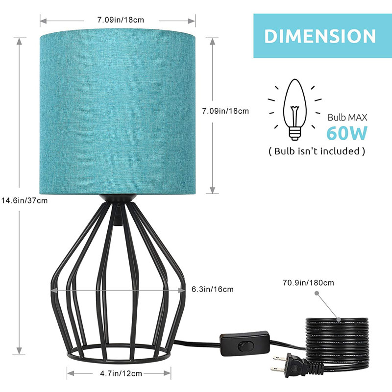 Metal Table Lamp, 14.6" H x 7.09" W  x 7.09" D, Black, Blue