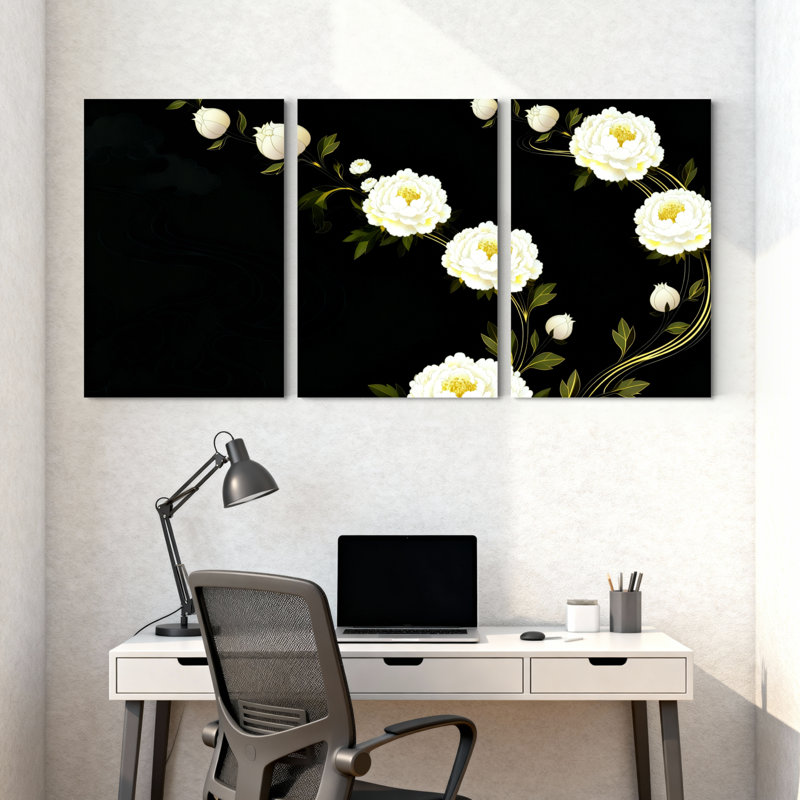 Pivoine fleurs blanches sur fond noir, ensemble de 3 impressions sur toile, H 18 po x l 36 po
