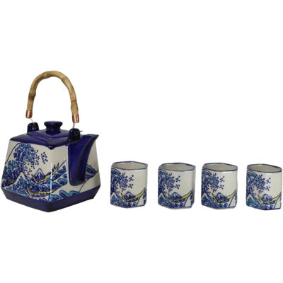 Blue White Great Wave Of Kanagawa Hokusai Hexagonal Teapot With 4 Tea Cups Set