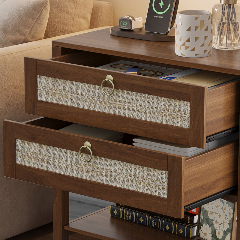 Ensemble de table de chevet en rotin de 26,8 po de largeur avec table de chevet à 2 tiroirs et tablette ouverte Boho, Brown