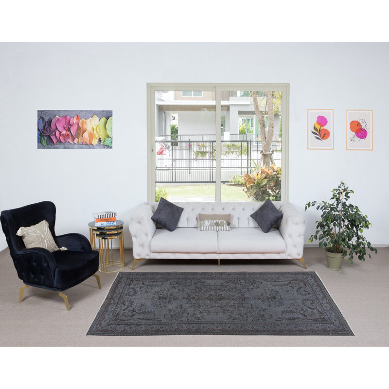 Tapis turc contemporain fabriqué à la main de 5,2 x 8,8 pi dans des tons de gris ombré et de brun