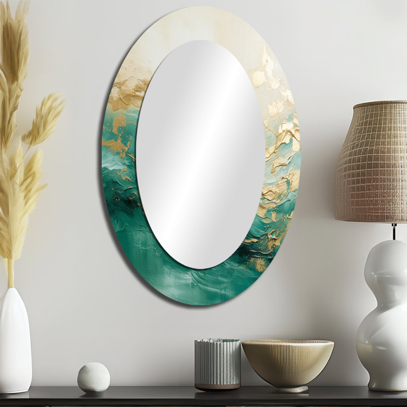 Doré et vert Soft Wave Fusion II - miroir mural ovale moderne, 36 po x 24 po