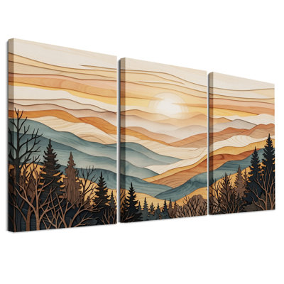 Ensemble de 3 toiles murales représentant une forêt et des montagnes avec une texture de bois superposée
