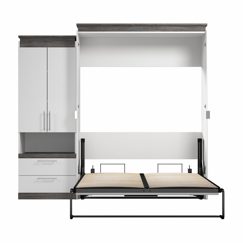 Lit escamotable Camalla et armoire de rangement avec tablette coulissante, White, Grand