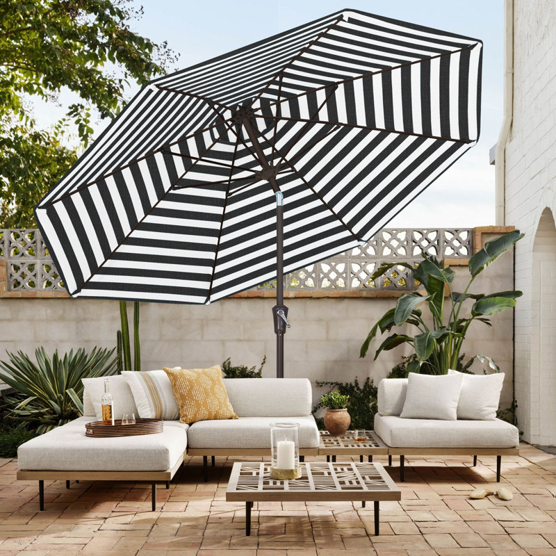 Parasol de marché en oléfine 9 'avec inclinaison et manivelle, Rayure tuxedo