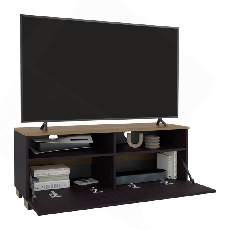 Meuble télé en wengé et chêne naturel avec porte et rangement ouvert