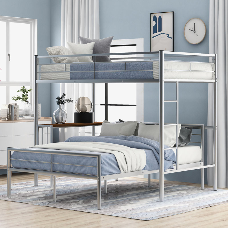Lit superposé en métal avec bureau intégré - simple sur double, argent métallique pour une élégance de chambre à coucher solide et stable