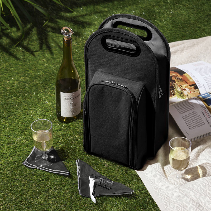 Metro Insulated 2-Bottle Tote Set, 18" H x 9.5" W x 4.5" D, Black
