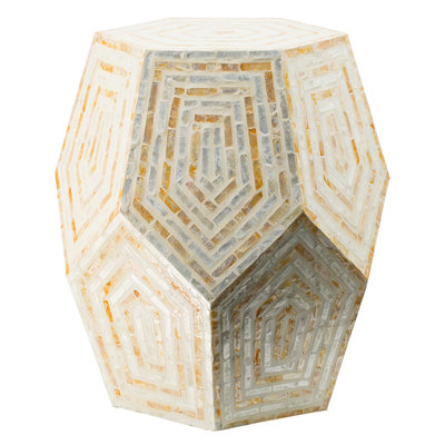 Hexagonal Capes Stool Measuring 18x18x21 Inches, Cream And Yellow Color Mix, Inlay Accentuation, Diamond Patterns, Serving As Or Side Table Of Tones, Details, Forms, Employed