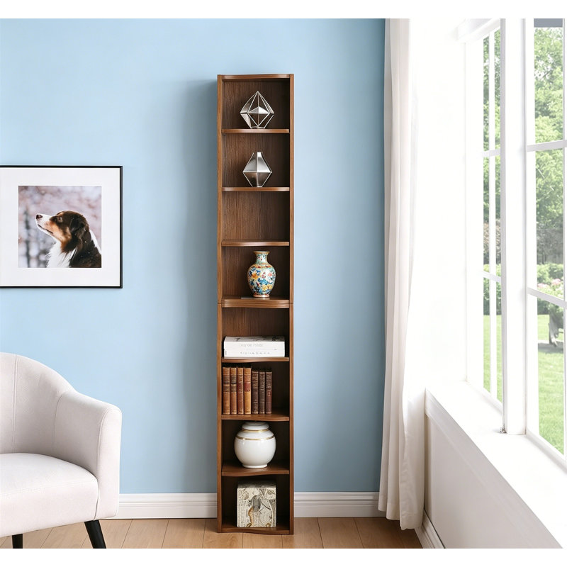 8-Layer Adjustable Shelf Ultra-Thin Bookshelf, Wavy Border Design, Tall Narrow Display Shelf, Walnut, Brown