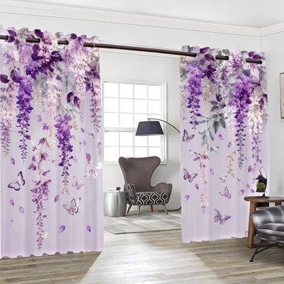 2 pièces de rideaux occultants à œillets, de voilages mauves et de papillons obscurcissant, de rideaux thermiques obscurcissants, de bruits et de protections d'intimité pour fenêtre dans le salon de la chambre à coucher