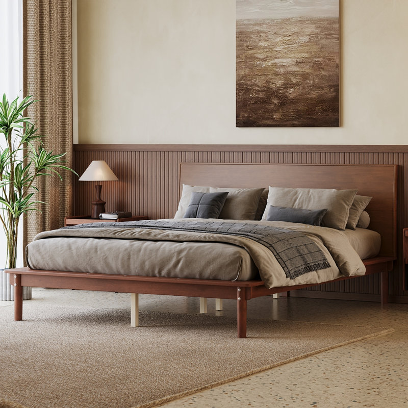Cadre de lit plateforme Mid-Century, Grand lit, Noyer