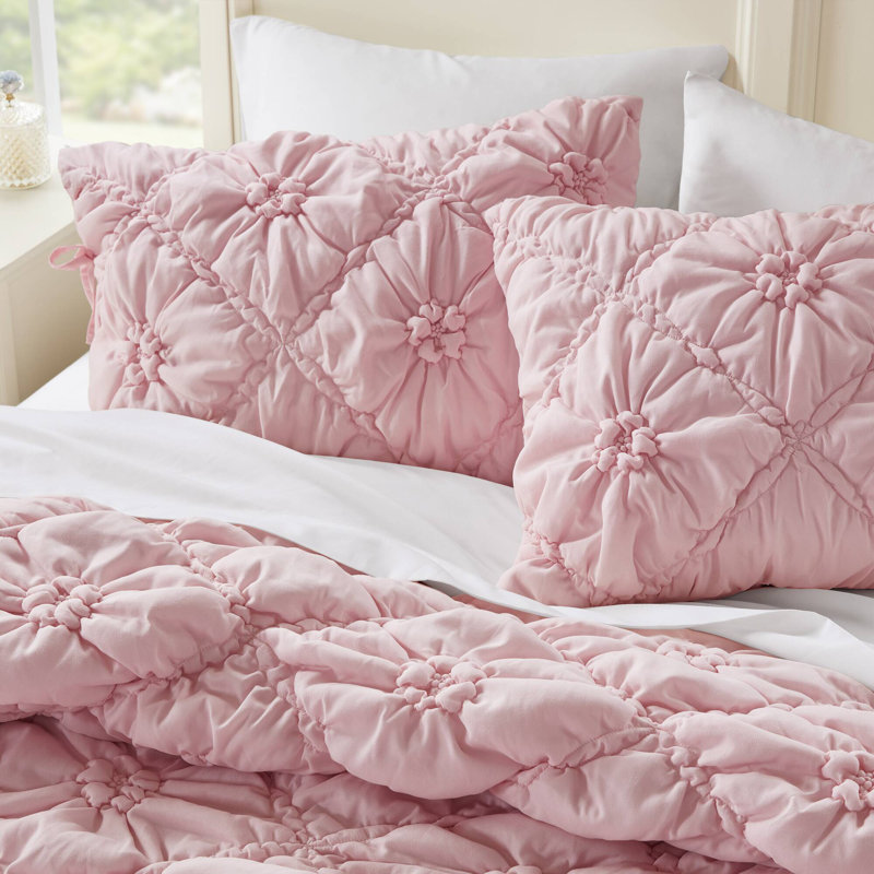Ensemble d'édredon à motif floral texturé 3 pièces pour très grand lit - Literie toutes saisons, Rose