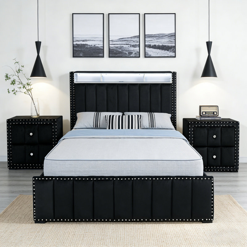Ensemble de chambre à coucher moderne 3 pièces, lit plateforme tapissier avec station de charge USB et éclairage à DEL et deux tables de chevet
